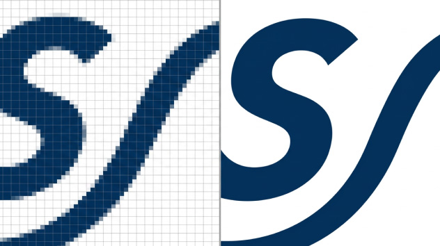 Raster and vector artwork comparison showing image quality loss when enlarged